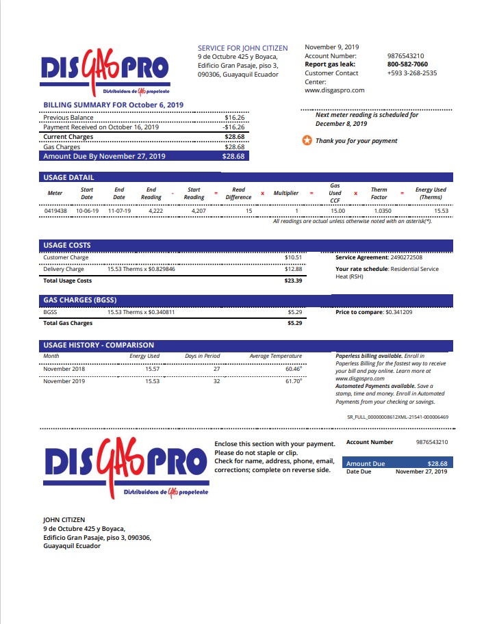 Ecuador Disgaspro gas utility bill template in Word and PDF format